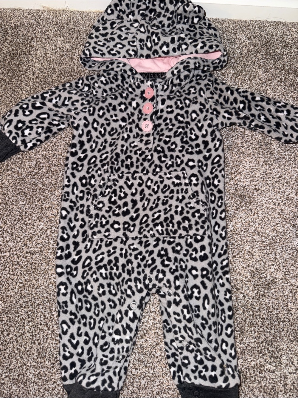 Carter's Gray and Black Leopard Print Hooded One-Piece with Pink Trim